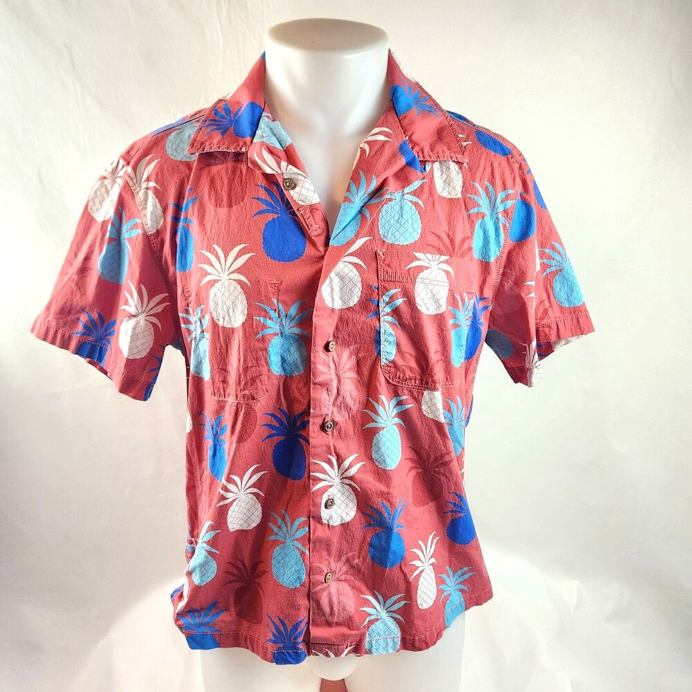 California Cowboy Button Up Shirt Men Large Red Pineapple Hawaiian Aloha Pocket